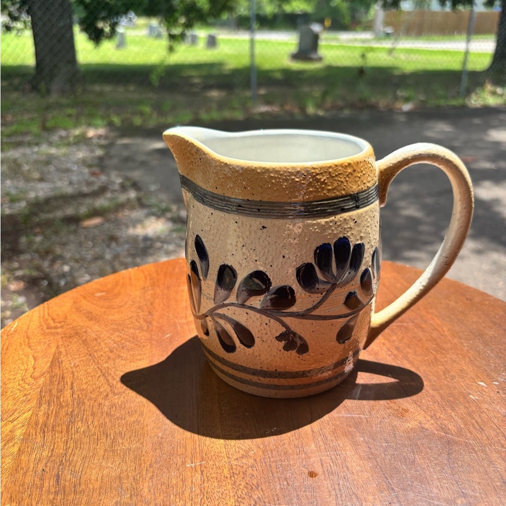 Blue and Brown Ceramic Folk Art Pitcher